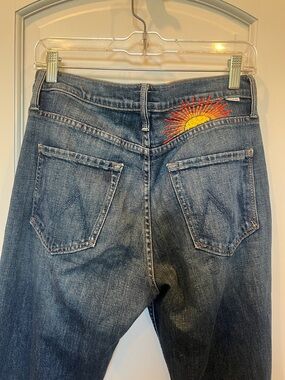 MOTHER Blue Denim Boyfriend Jeans with Sunburst Embroidery